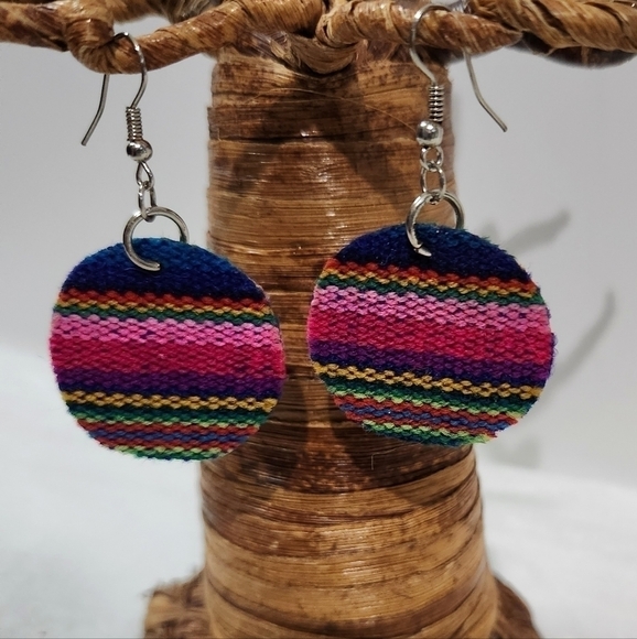 Rainbow Pride Fabric Round Circle Drop Dangle Silver Fish Hook Earrings - Picture 2 of 8